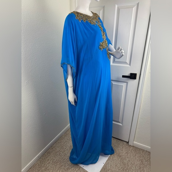 Vintage Unlabeled Beaded Chiffon Deep Turquoise Blue Caftan Dress One Size G12 - Picture 7 of 14